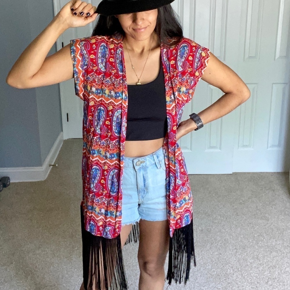 Boho Fringe Paisley Print Long Line Open Duster Cover Up‎